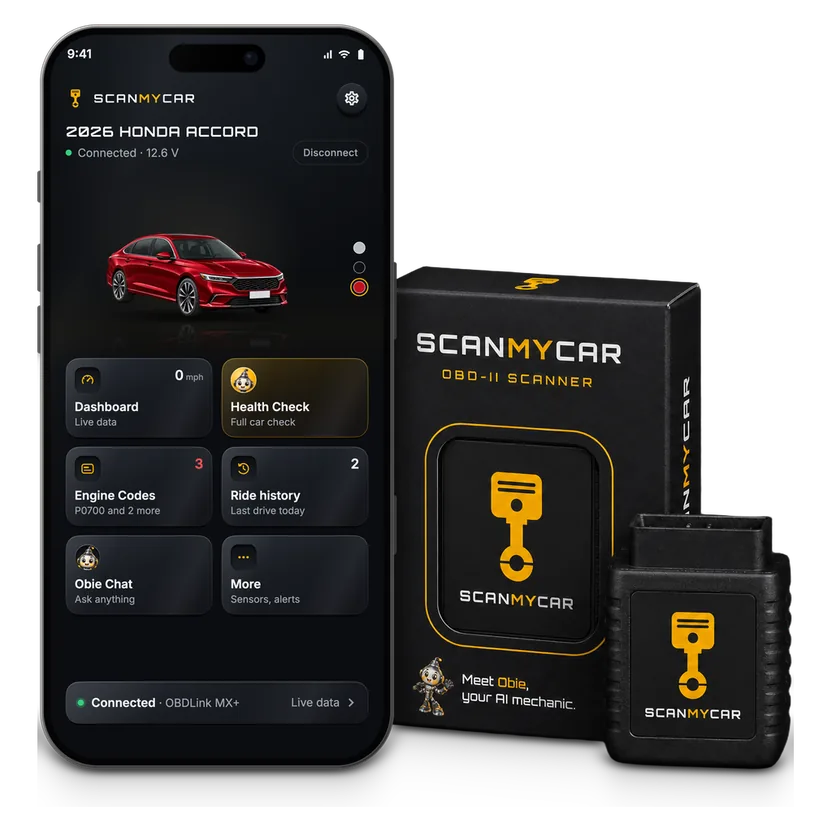 The ScanMyCar OBD-II Scanner standing beside its box, and an iPhone with the ScanMyCar app connected to a 2026 Honda Accord