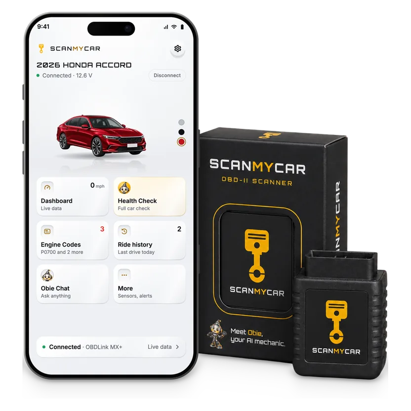 The ScanMyCar OBD-II Scanner standing beside its box, and an iPhone with the ScanMyCar app connected to a 2026 Honda Accord