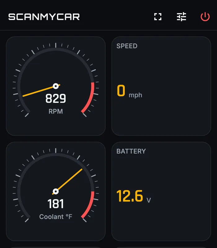 ScanMyCar live data on an iPhone: 829 RPM at idle, 0 mph, coolant 181 °F and battery 12.6 V, with engine load and throttle below
