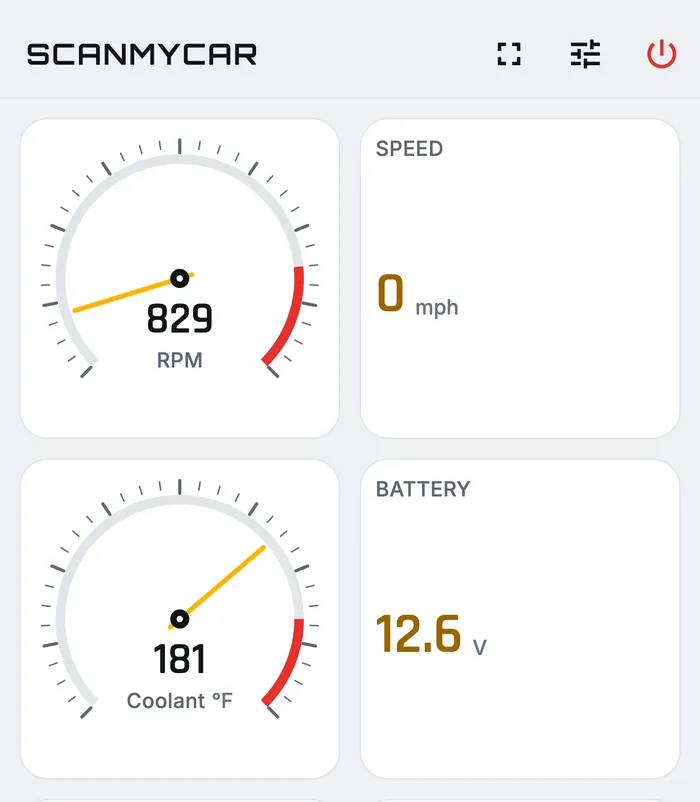 ScanMyCar live data on an iPhone: 829 RPM at idle, 0 mph, coolant 181 °F and battery 12.6 V, with engine load and throttle below