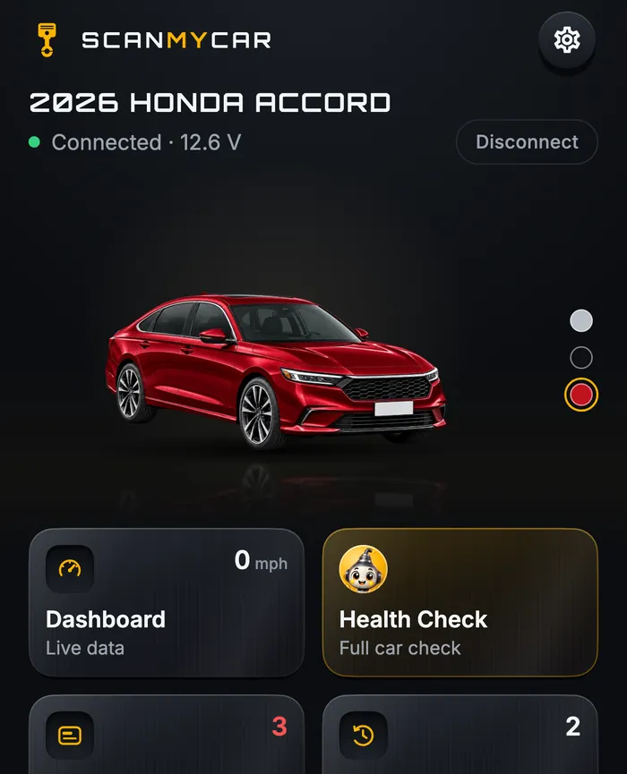 The ScanMyCar home screen, connected to a 2026 Honda Accord