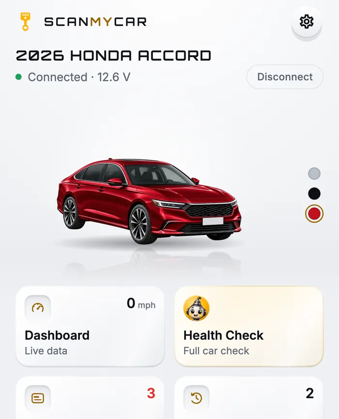 The ScanMyCar home screen, connected to a 2026 Honda Accord