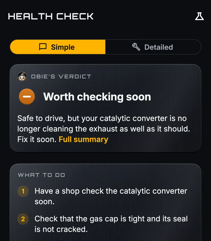 Obie's health check report on the demo car: worth checking soon