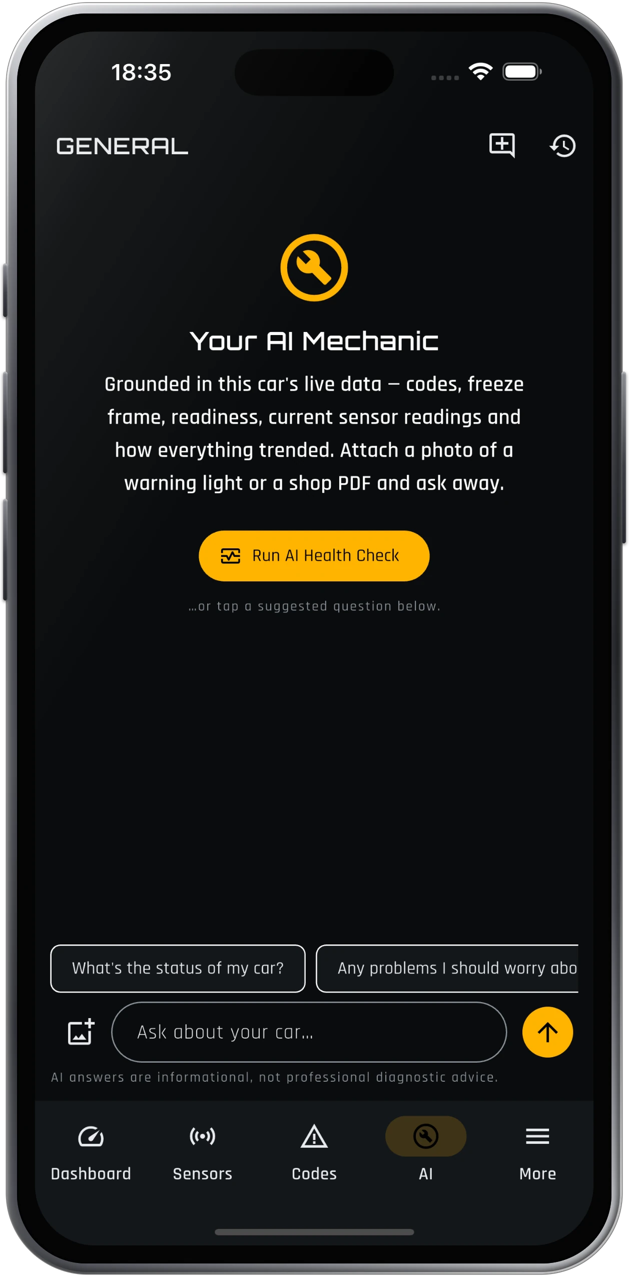 ScanMyCar AI mechanic chat explaining a trouble code, grounded in the car's live data.