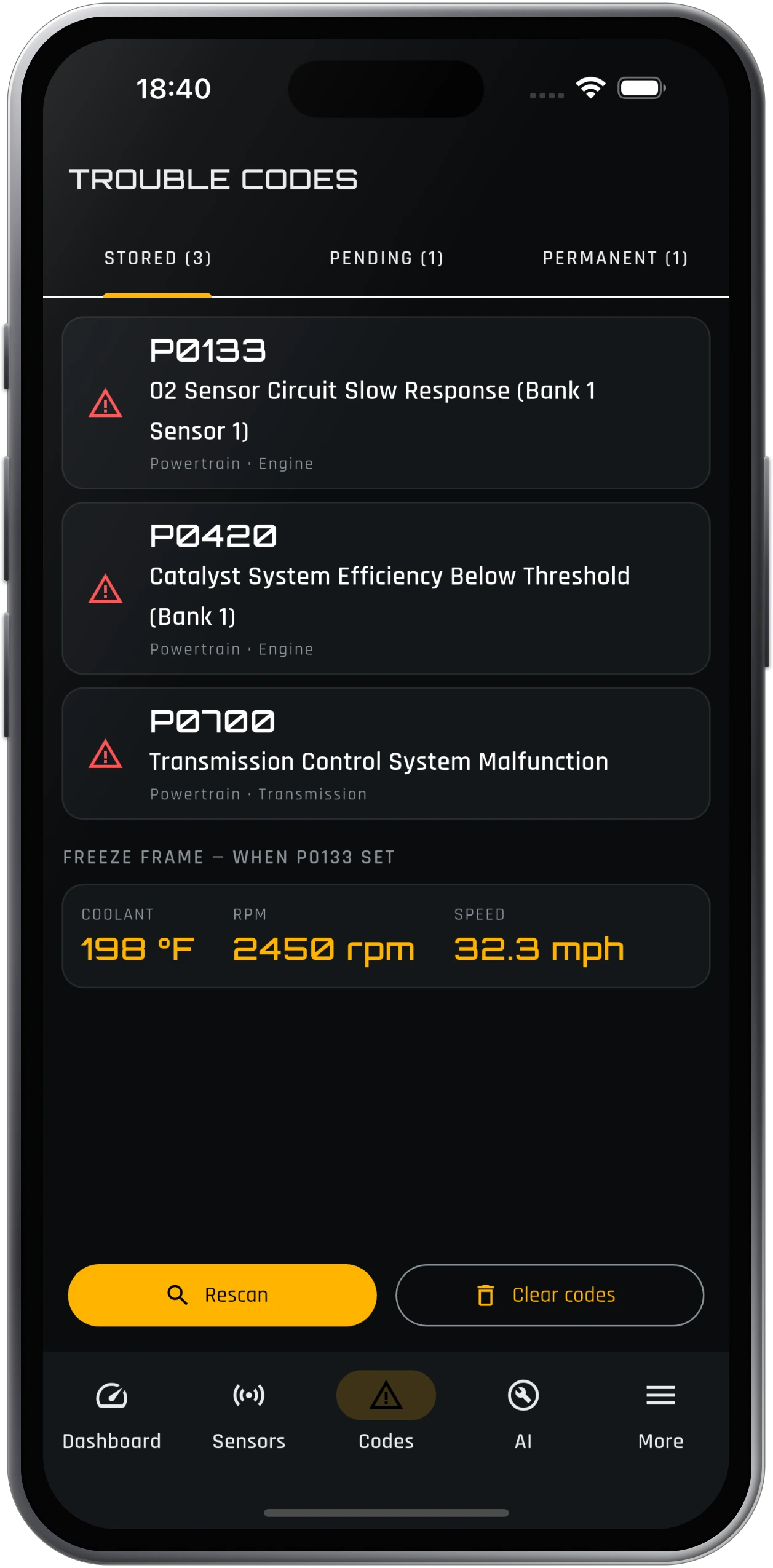 ScanMyCar trouble-codes screen listing P0133, P0420 and P0700 with plain-English names.