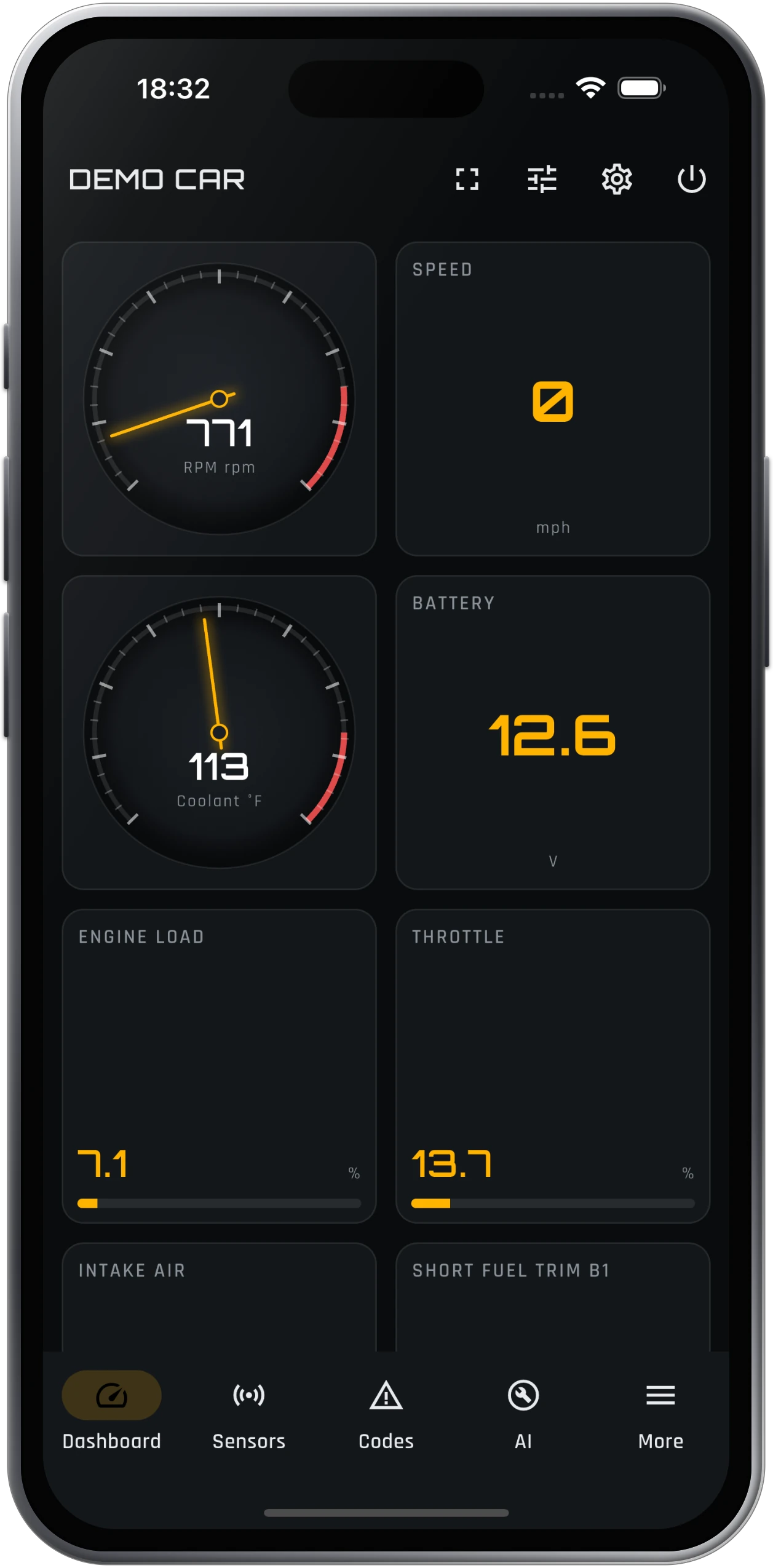 ScanMyCar live dashboard with needle, digital and bar gauges for RPM, coolant, boost and battery.