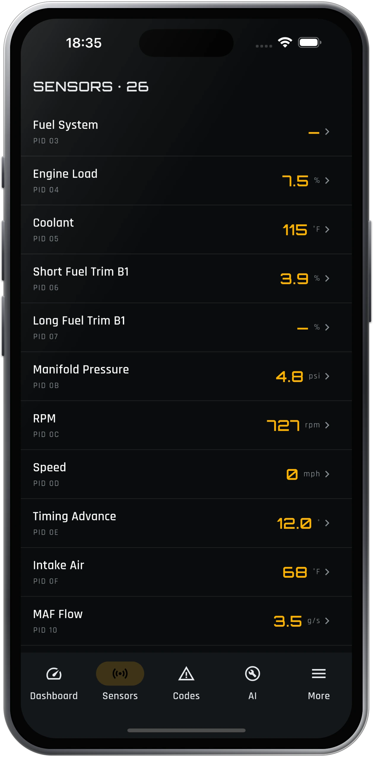 ScanMyCar sensors list showing dozens of live OBD-II parameters with their current values.